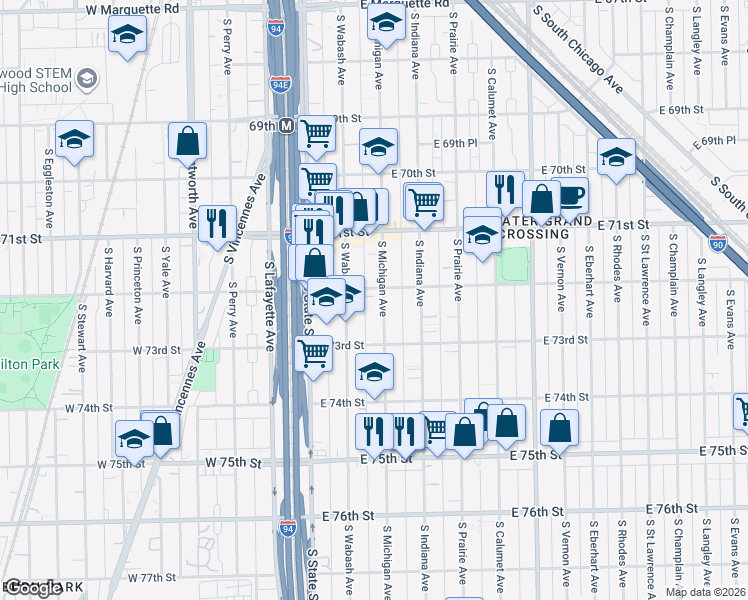 map of restaurants, bars, coffee shops, grocery stores, and more near 7229 South Wabash Avenue in Chicago