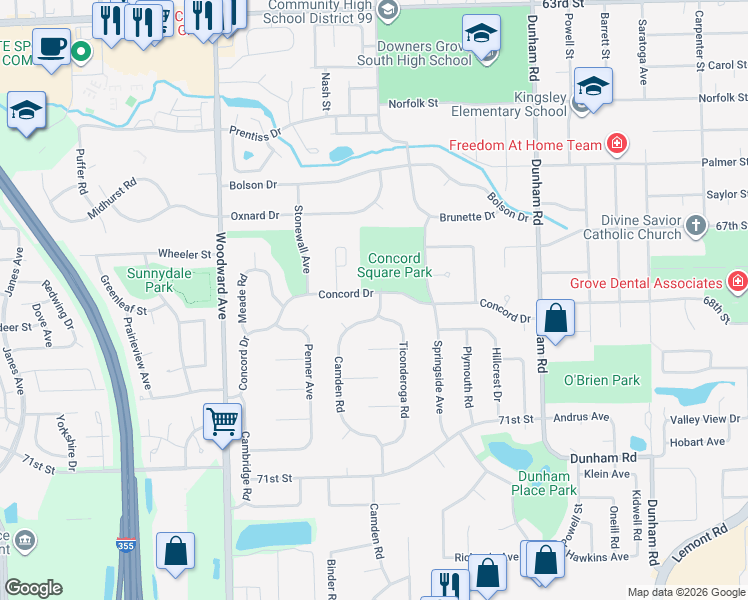 map of restaurants, bars, coffee shops, grocery stores, and more near 6807 Ticonderoga Road in Downers Grove