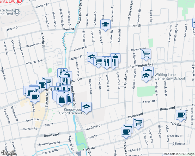 map of restaurants, bars, coffee shops, grocery stores, and more near 11 Bishop Road in West Hartford