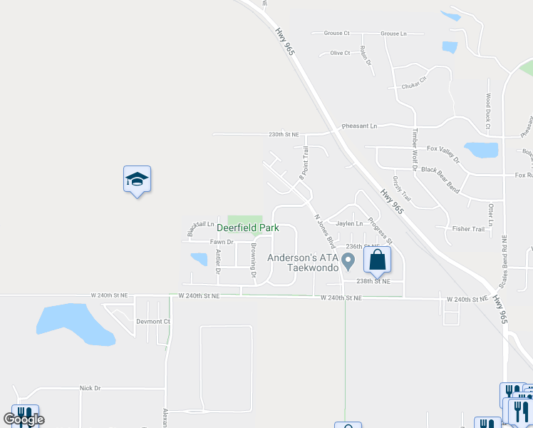 map of restaurants, bars, coffee shops, grocery stores, and more near 1501 Deerfield Drive in North Liberty