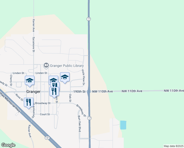 map of restaurants, bars, coffee shops, grocery stores, and more near 11245 NW 142nd St in Granger