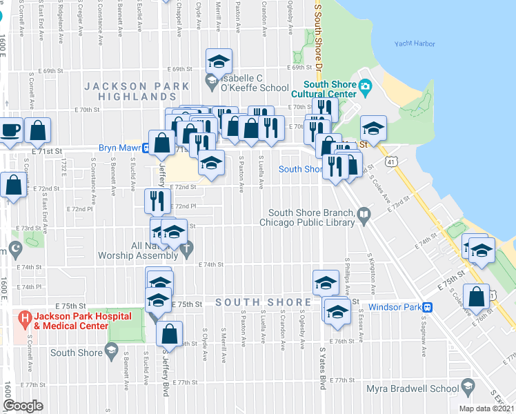map of restaurants, bars, coffee shops, grocery stores, and more near 7247 South Luella Avenue in Chicago
