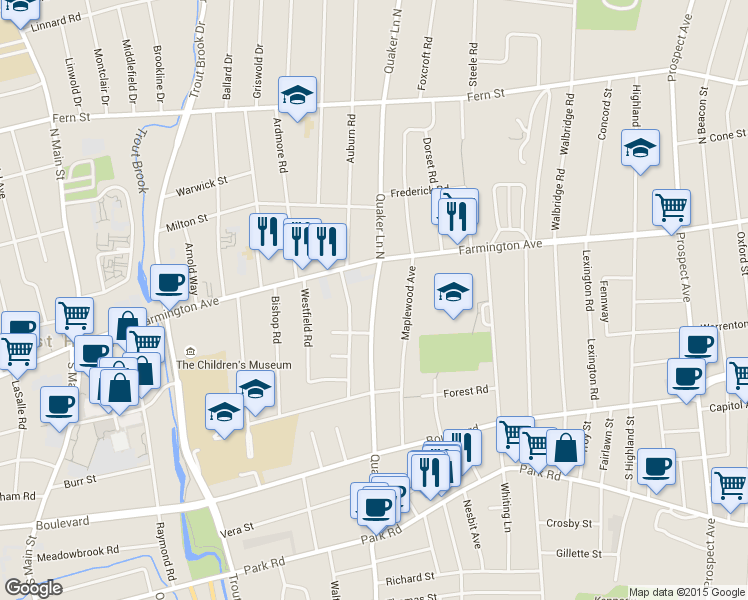map of restaurants, bars, coffee shops, grocery stores, and more near 35 Quaker Lane South in West Hartford