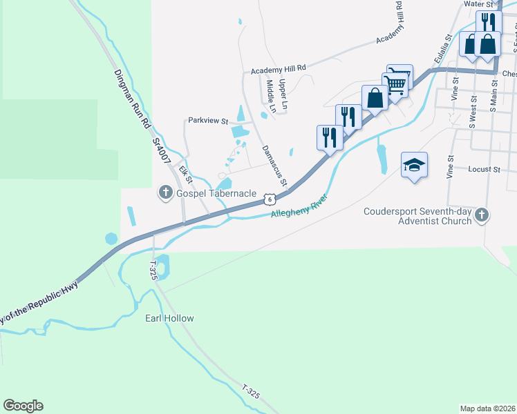 map of restaurants, bars, coffee shops, grocery stores, and more near 104 U.S. 6 in Galeton