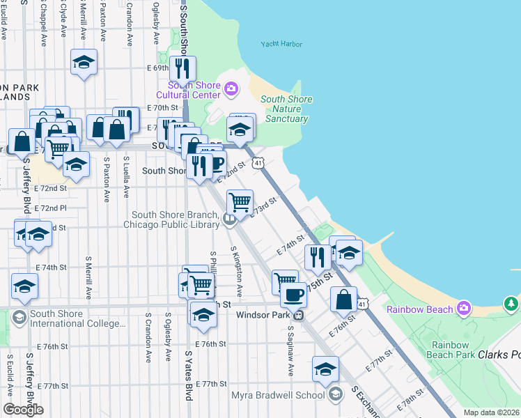 map of restaurants, bars, coffee shops, grocery stores, and more near E 73rd St & S Coles Ave in Chicago