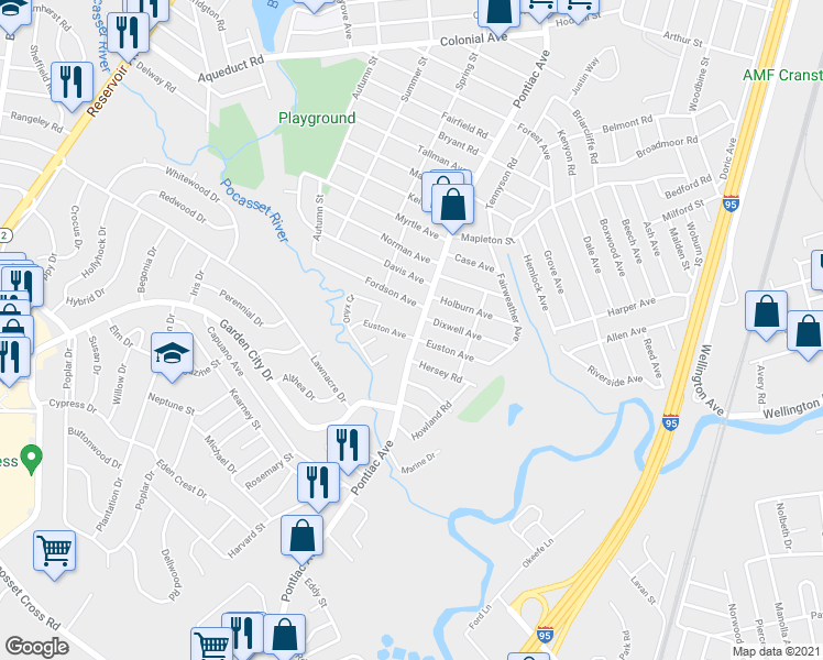 map of restaurants, bars, coffee shops, grocery stores, and more near 3 Euston Avenue in Cranston
