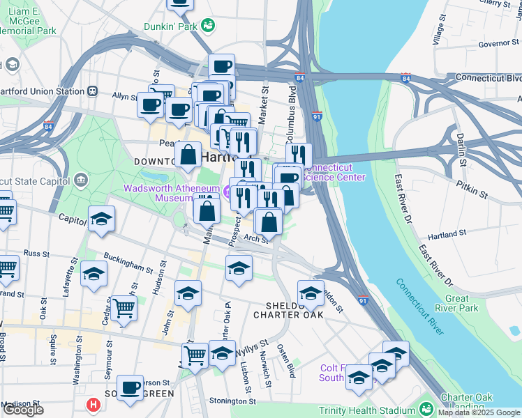 map of restaurants, bars, coffee shops, grocery stores, and more near 44 Front Street in Hartford