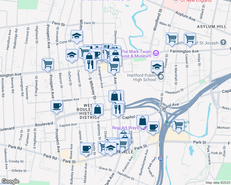 map of restaurants, bars, coffee shops, grocery stores, and more near 169 Sisson Avenue in Hartford