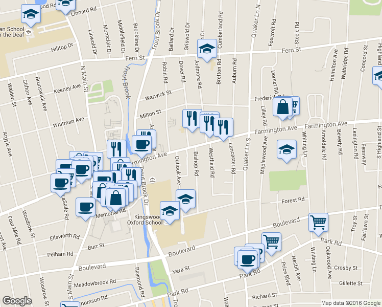 map of restaurants, bars, coffee shops, grocery stores, and more near 11 Bishop Road in West Hartford