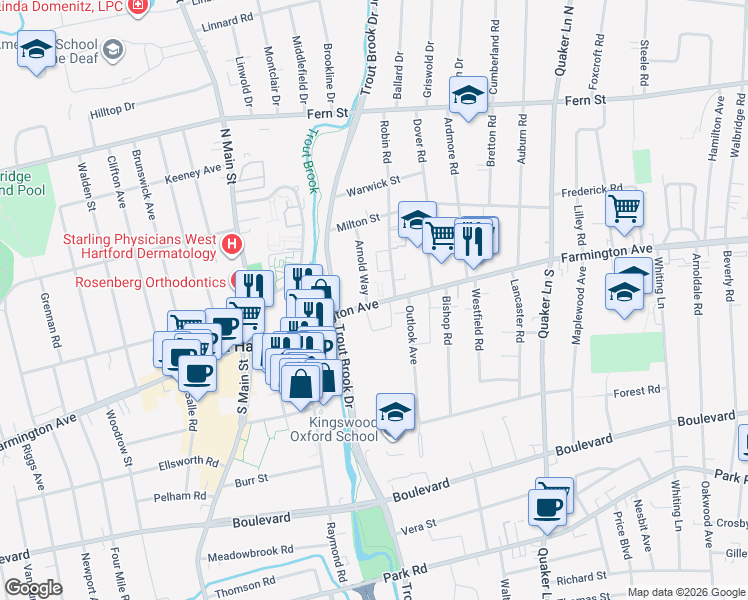 map of restaurants, bars, coffee shops, grocery stores, and more near 893 Farmington Avenue in West Hartford