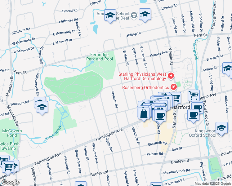 map of restaurants, bars, coffee shops, grocery stores, and more near 94 Grennan Road in West Hartford