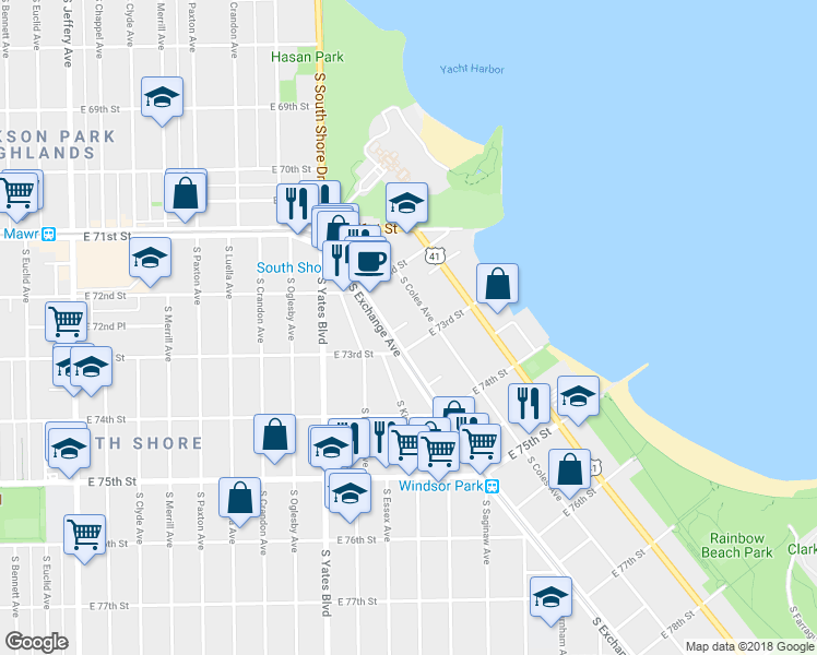 map of restaurants, bars, coffee shops, grocery stores, and more near 2539-2555 East 73rd Street in Chicago