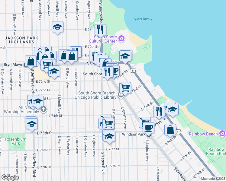 map of restaurants, bars, coffee shops, grocery stores, and more near 7246 South Phillips Avenue in Chicago