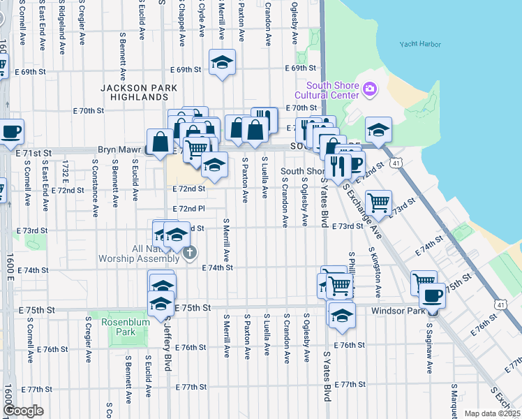 map of restaurants, bars, coffee shops, grocery stores, and more near 7247 South Luella Avenue in Chicago