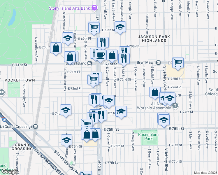map of restaurants, bars, coffee shops, grocery stores, and more near 7240 South Cornell Avenue in Chicago