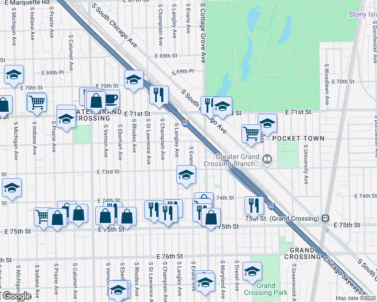 map of restaurants, bars, coffee shops, grocery stores, and more near 7233 South Langley Avenue in Chicago