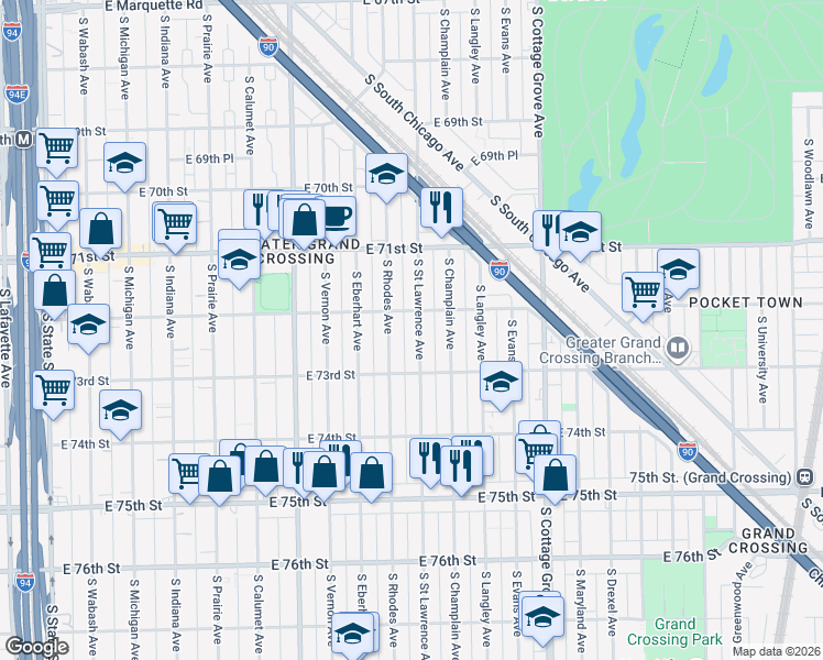 map of restaurants, bars, coffee shops, grocery stores, and more near 7230 South Saint Lawrence Avenue in Chicago