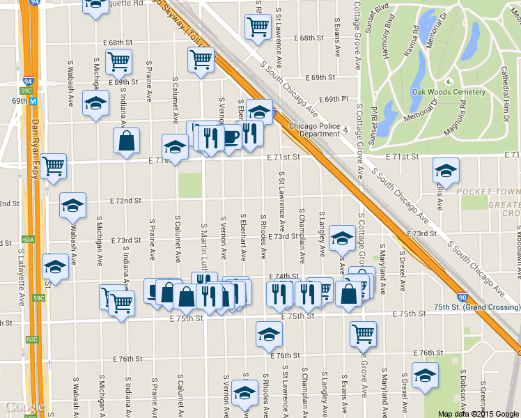 map of restaurants, bars, coffee shops, grocery stores, and more near 7232 South Rhodes Avenue in Chicago