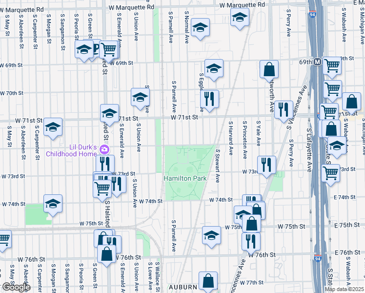 map of restaurants, bars, coffee shops, grocery stores, and more near 513 West 72nd Street in Chicago