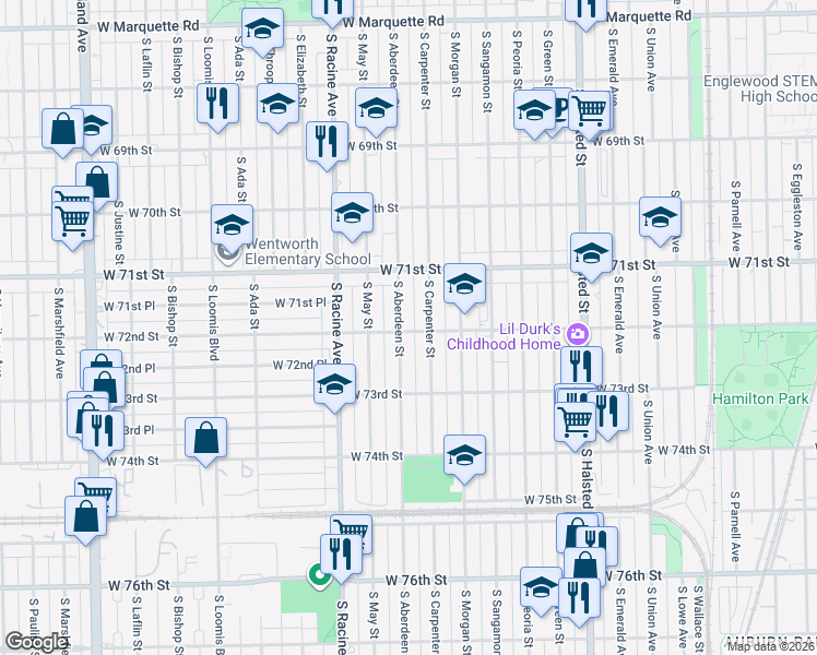 map of restaurants, bars, coffee shops, grocery stores, and more near 7208 South Carpenter Street in Chicago