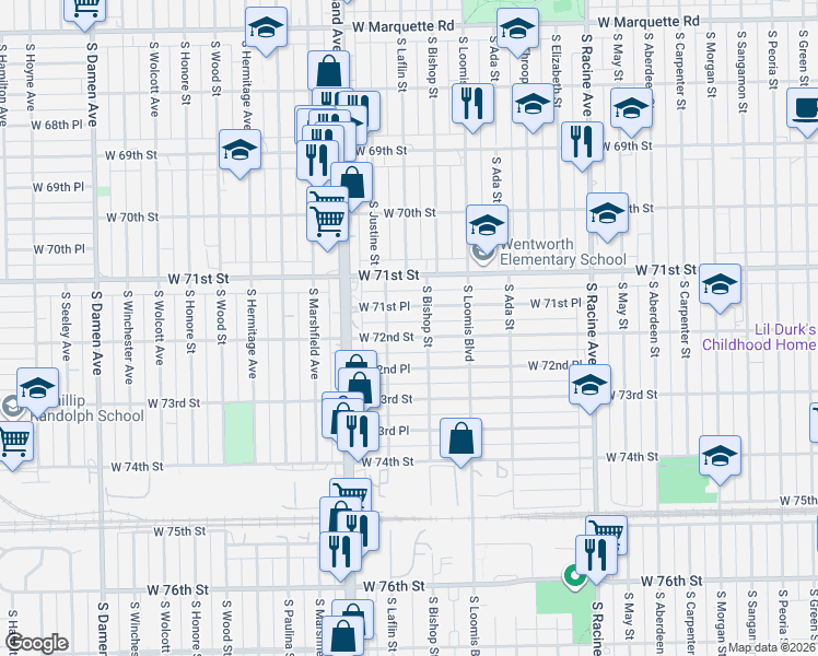 map of restaurants, bars, coffee shops, grocery stores, and more near 1465 West 72nd Street in Chicago