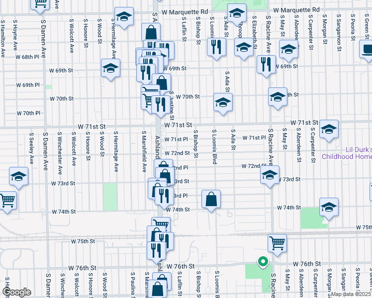 map of restaurants, bars, coffee shops, grocery stores, and more near 1465 West 72nd Street in Chicago