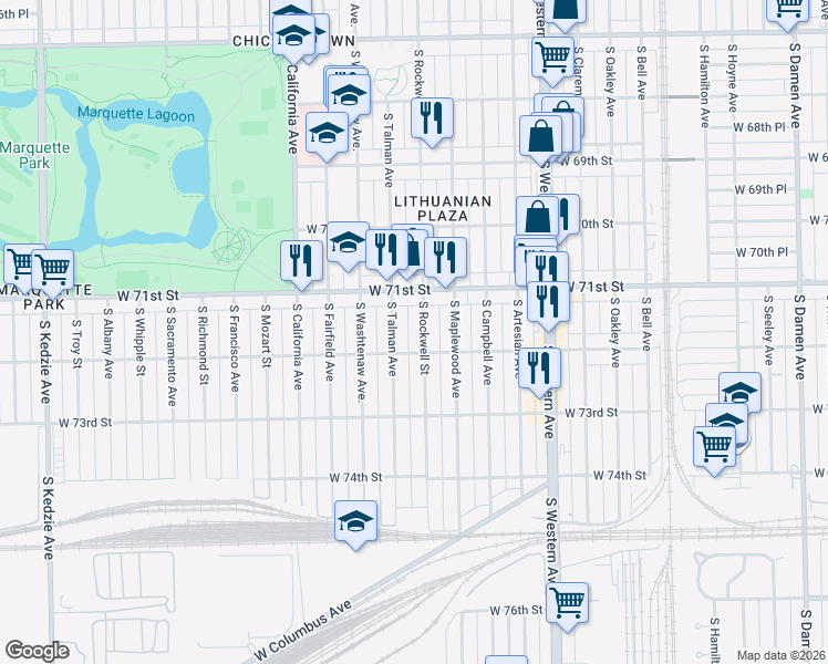 map of restaurants, bars, coffee shops, grocery stores, and more near 7154 South Rockwell Street in Chicago