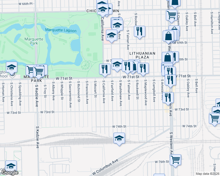 map of restaurants, bars, coffee shops, grocery stores, and more near 7151 South Fairfield Avenue in Chicago
