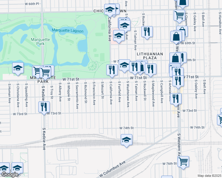 map of restaurants, bars, coffee shops, grocery stores, and more near 7150 South California Avenue in Chicago