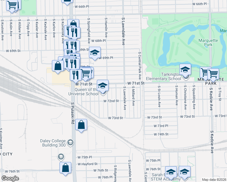 map of restaurants, bars, coffee shops, grocery stores, and more near 7139 South Hamlin Avenue in Chicago