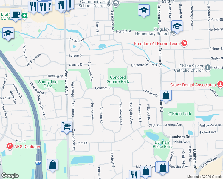map of restaurants, bars, coffee shops, grocery stores, and more near 6807 Ticonderoga Road in Downers Grove