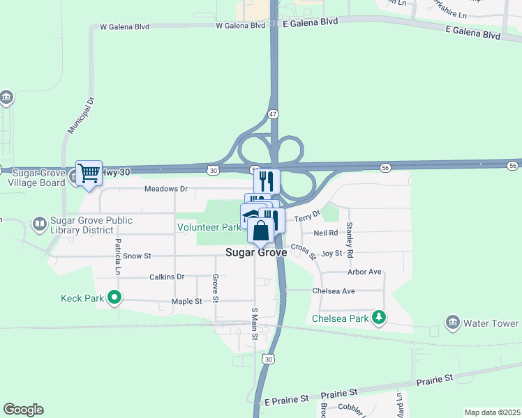 map of restaurants, bars, coffee shops, grocery stores, and more near 61 Sugar Lane in Sugar Grove
