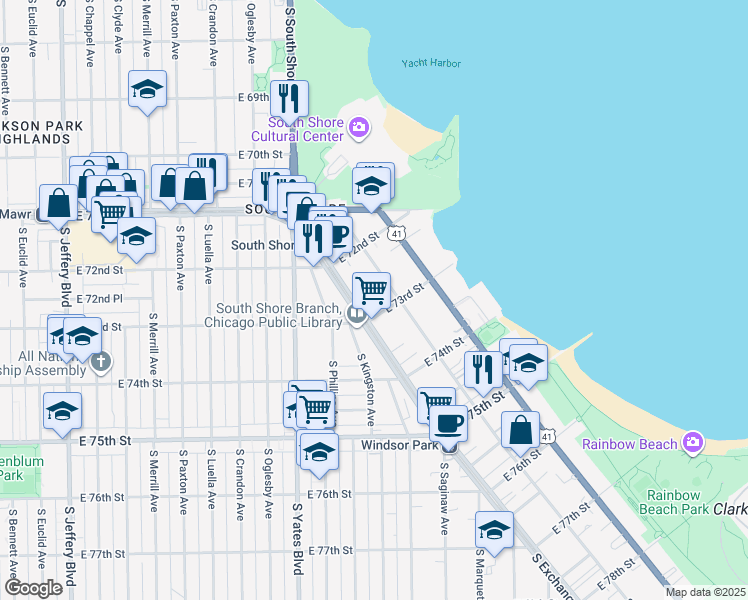 map of restaurants, bars, coffee shops, grocery stores, and more near 2555 East 73rd Street in Chicago