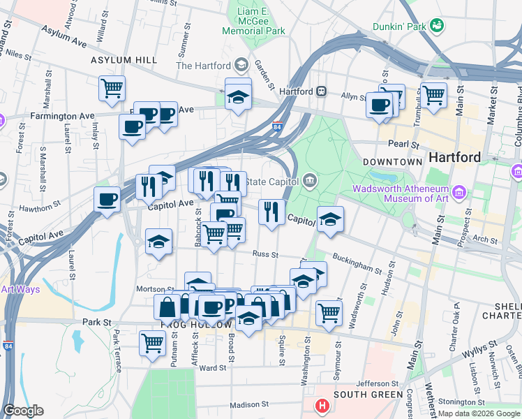 map of restaurants, bars, coffee shops, grocery stores, and more near in Hartford