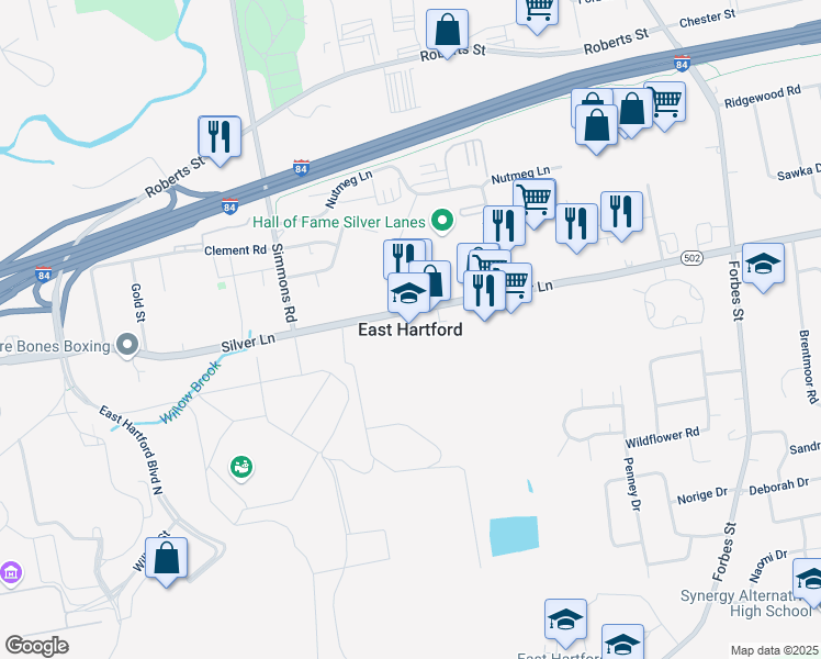 map of restaurants, bars, coffee shops, grocery stores, and more near in East Hartford