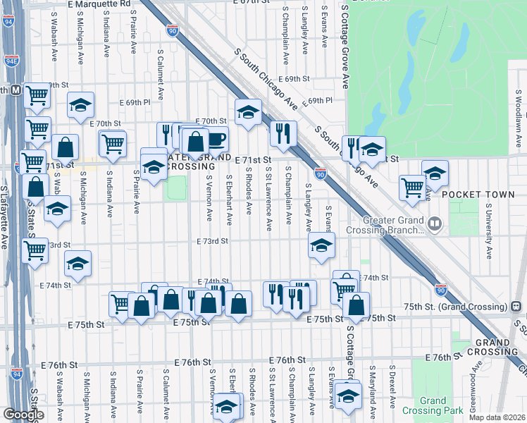 map of restaurants, bars, coffee shops, grocery stores, and more near 7230 South Saint Lawrence Avenue in Chicago