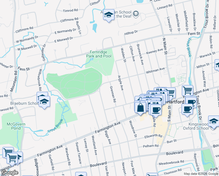 map of restaurants, bars, coffee shops, grocery stores, and more near 54 Arlington Road in West Hartford