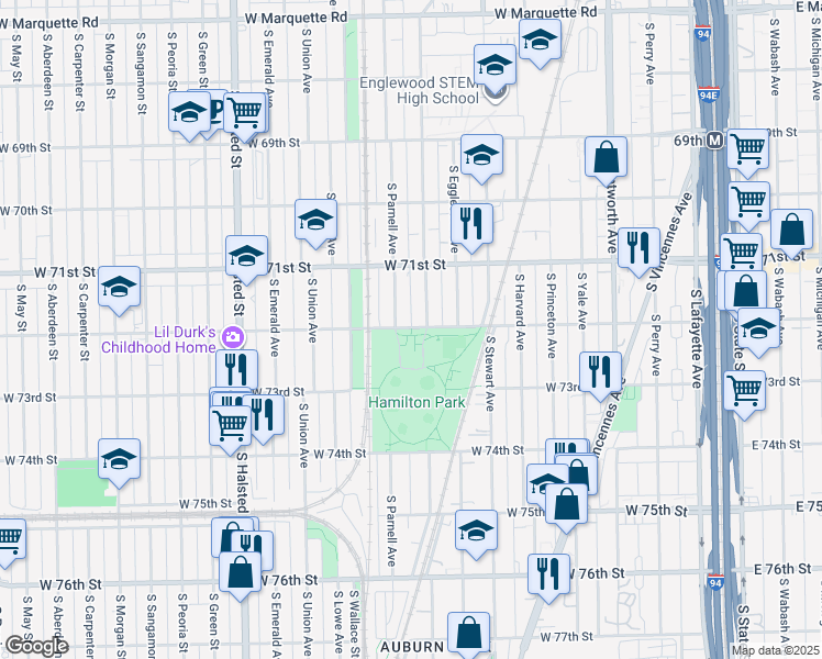 map of restaurants, bars, coffee shops, grocery stores, and more near 513 West 72nd Street in Chicago