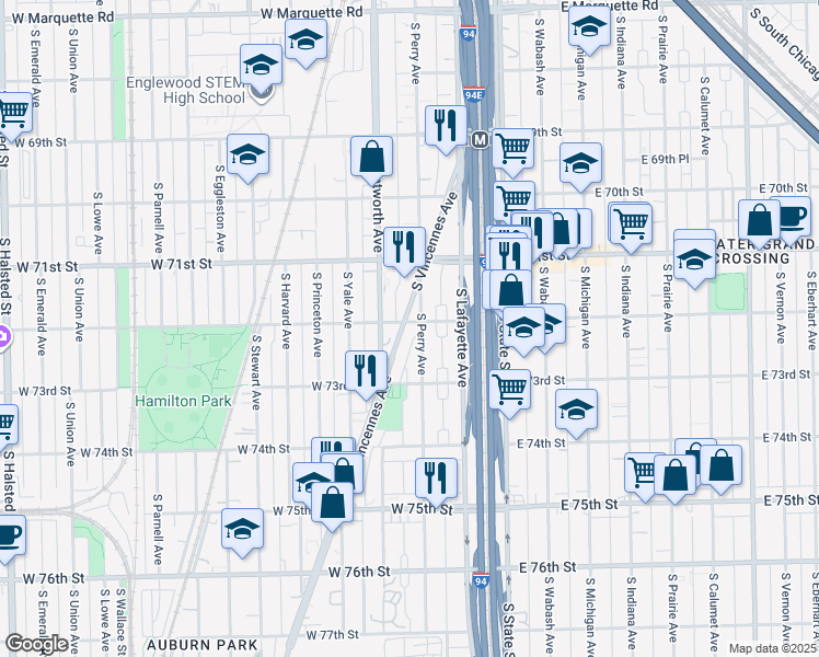 map of restaurants, bars, coffee shops, grocery stores, and more near 7203 South Vincennes Avenue in Chicago