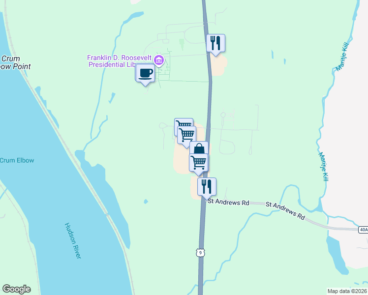 map of restaurants, bars, coffee shops, grocery stores, and more near 3999 Albany Post Road in Hyde Park