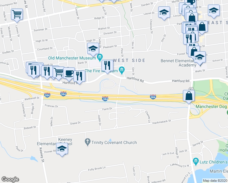 map of restaurants, bars, coffee shops, grocery stores, and more near 44 Prospect Street in Manchester