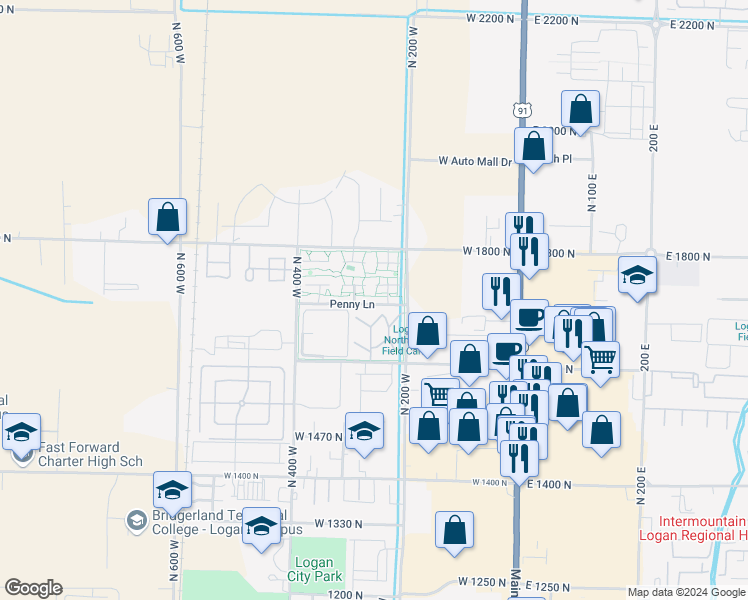 map of restaurants, bars, coffee shops, grocery stores, and more near 133 Penny Lane in Logan
