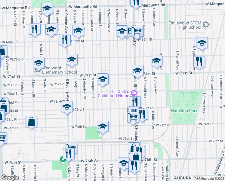 map of restaurants, bars, coffee shops, grocery stores, and more near 7204 South Sangamon Street in Chicago