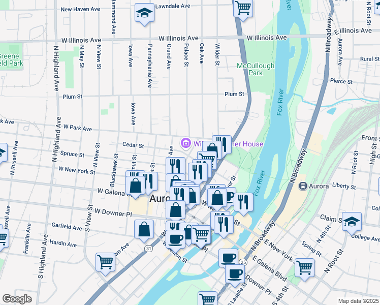 map of restaurants, bars, coffee shops, grocery stores, and more near 304 Oak Avenue in Aurora