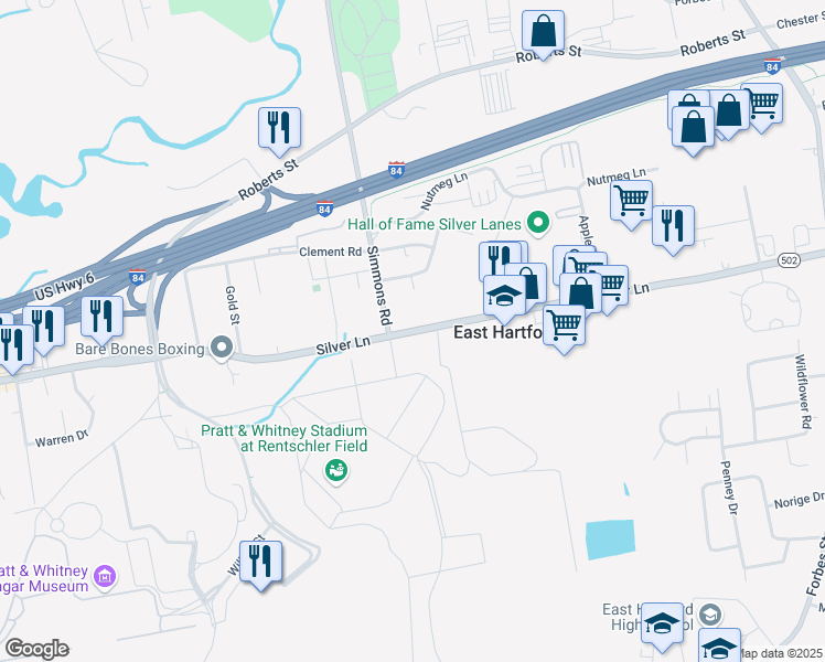 map of restaurants, bars, coffee shops, grocery stores, and more near 656 Silver Lane in East Hartford