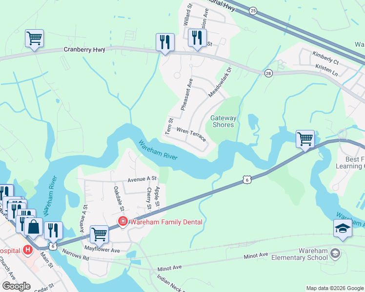 map of restaurants, bars, coffee shops, grocery stores, and more near 14 Sandpiper Terrace in Wareham