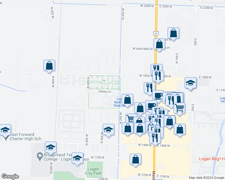 map of restaurants, bars, coffee shops, grocery stores, and more near 131 Penny Lane in Logan