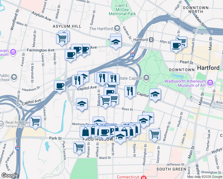 map of restaurants, bars, coffee shops, grocery stores, and more near in Hartford
