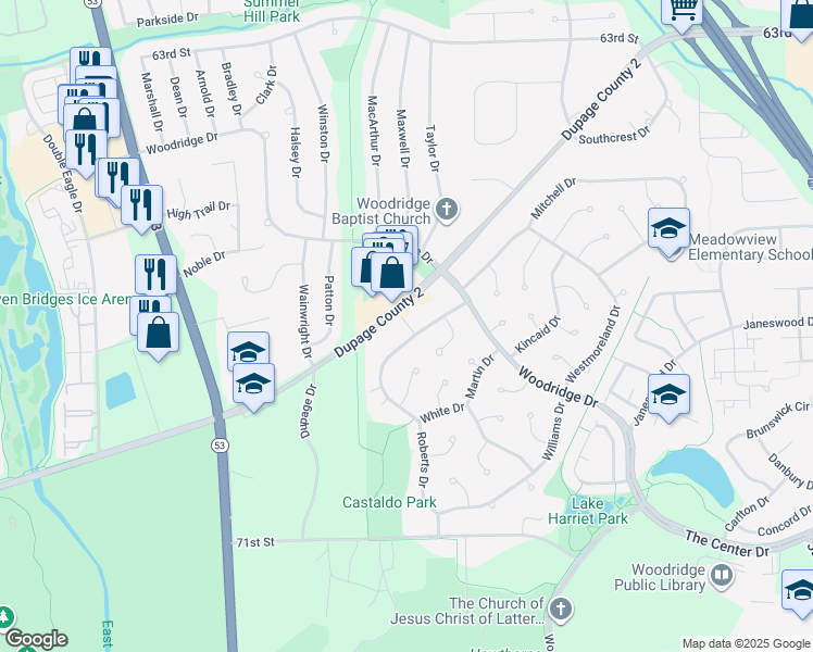 map of restaurants, bars, coffee shops, grocery stores, and more near 3017 Roberts Drive in Woodridge