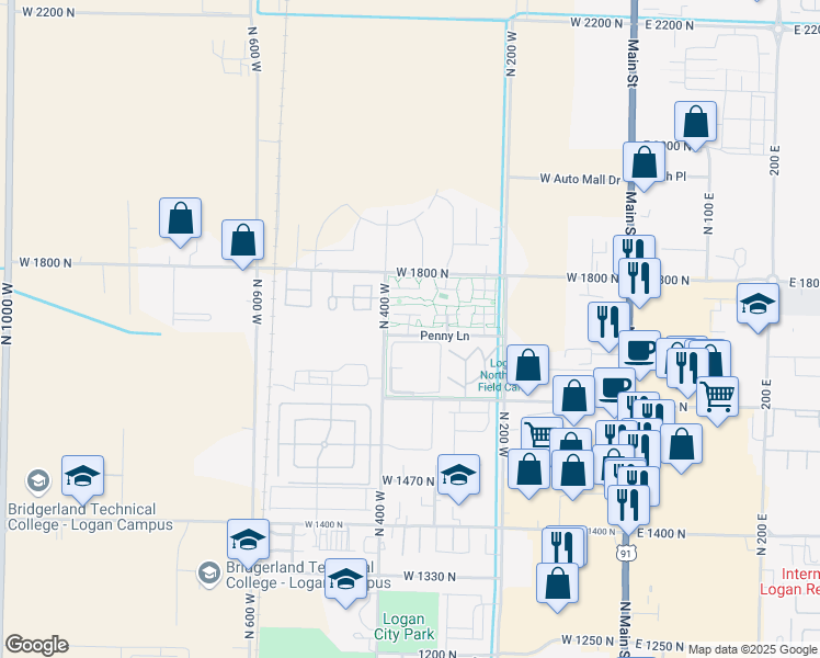 map of restaurants, bars, coffee shops, grocery stores, and more near 188 Penny Lane in Logan